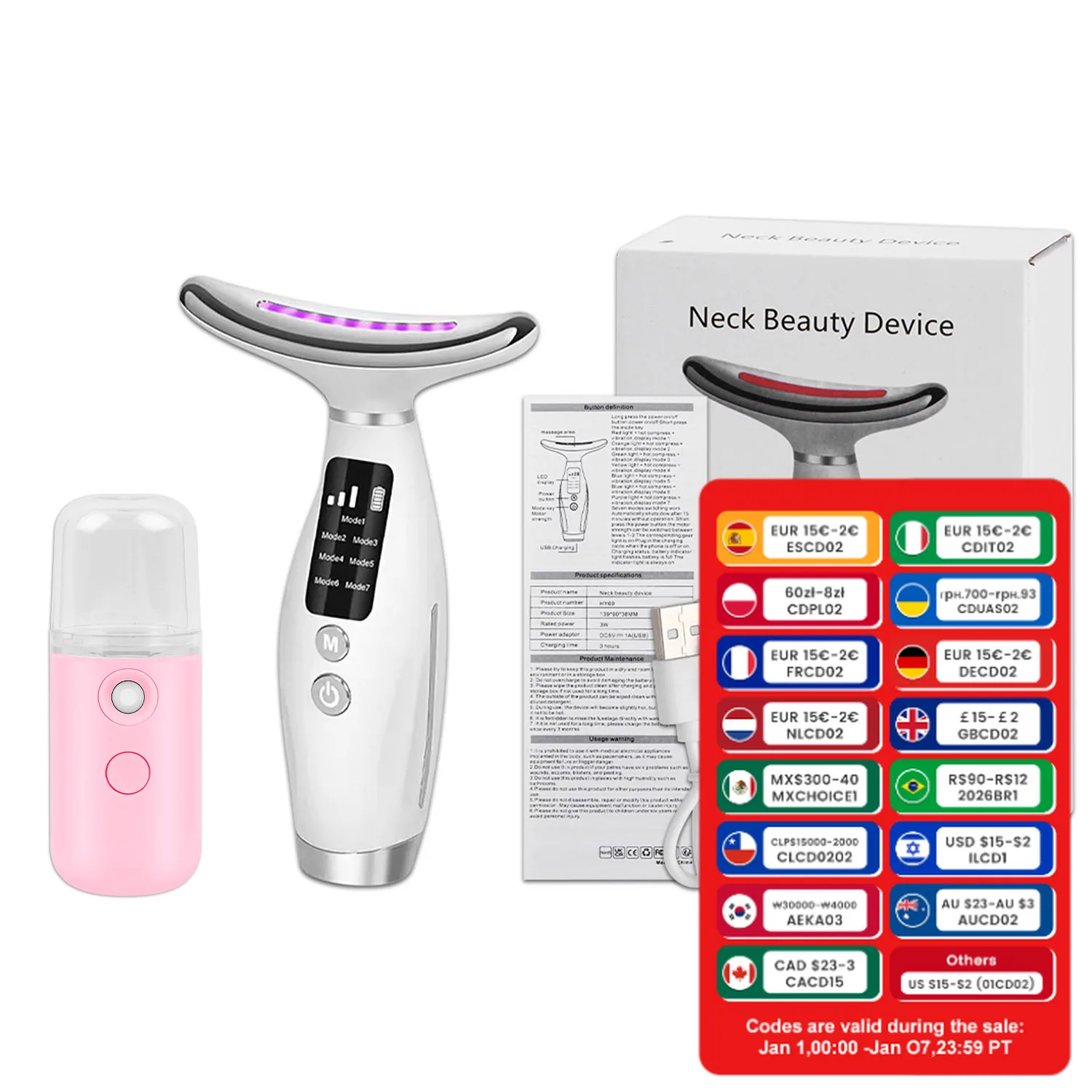 

7 Colors LED Lights Face Neck Beauty Device Vibration Massage Improve Neck Lines Home Use Face Lifting Machine 7 Modes 3 Levels