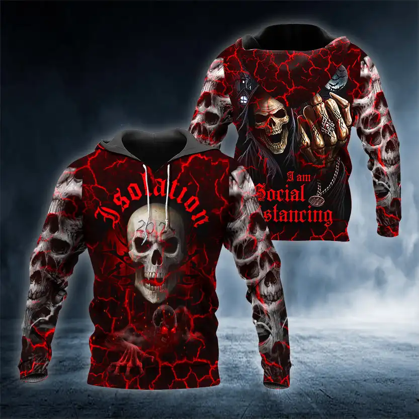 Vintage Men's  Hoodie Pullover 3D Print Blood Skull Graphic Horror Casual Personality Oversize  Long Sleeve Men's  Clothing Tops