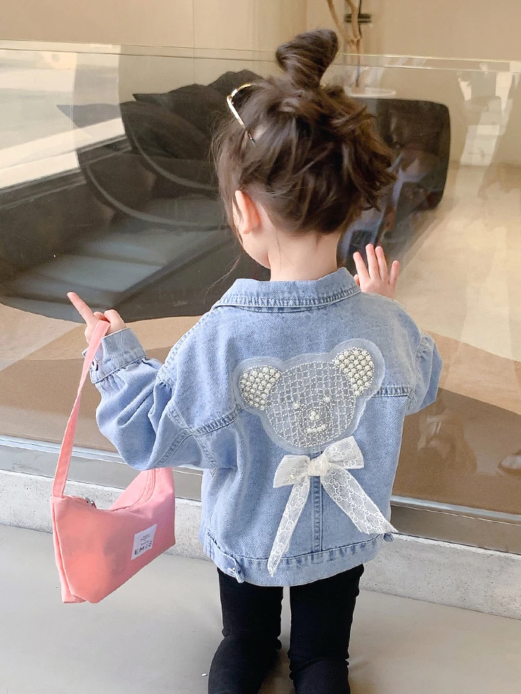 

Spring And Fall Girls Fashion Beading Denim Coat Children's Jean Jacket Clothes Baby Kids Cute Cartoon Bear Lace Bow Outerwear