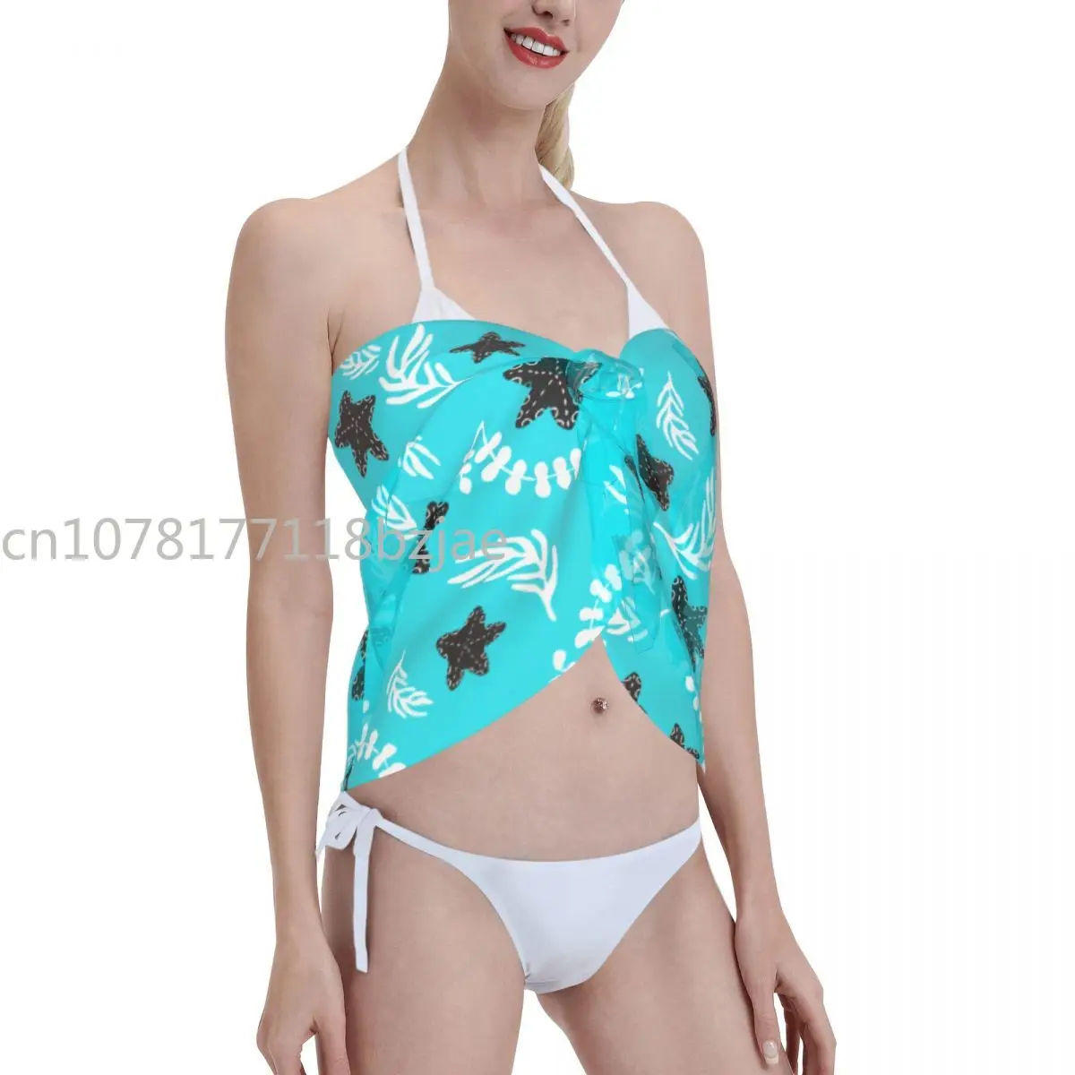 Traje de baño de gasa Pareo negro estrella de mar en azul cielo, cubierta de playa, faldas envolventes de Sarong, ropa de playa, trajes de baño, Bikinis