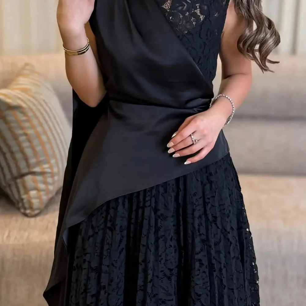 

Black Evening Dress Customized O-Neck Long Sleeves Evening Gowns for Women 2025 A Line Ankle Lenght Lace Formal Party Dress Midi