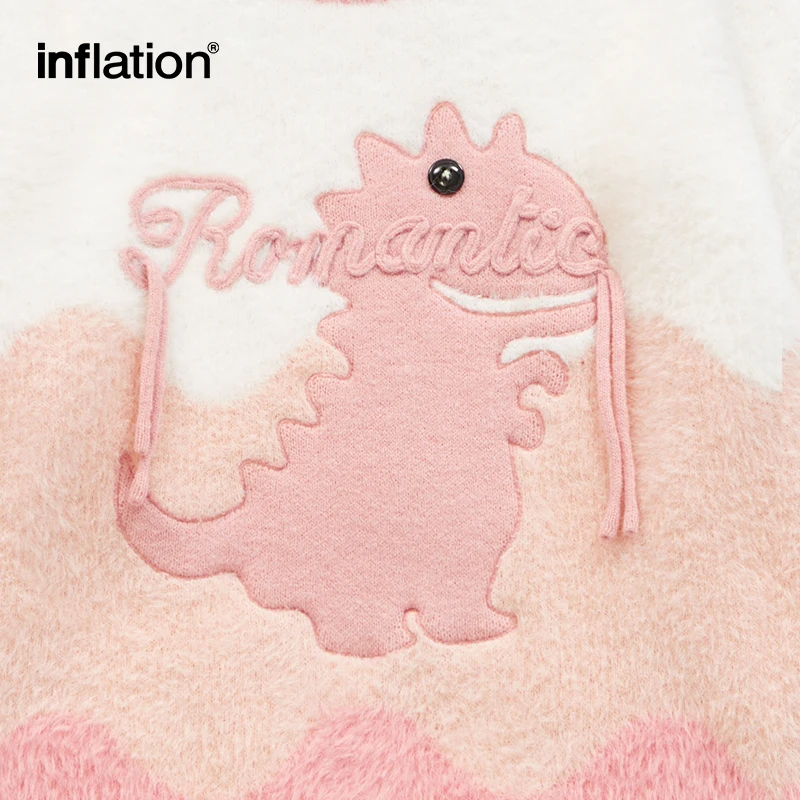 INFLATION Cute Cartoon Embroidery Sweaters Unisex Colorblock Knitwear Jumpers Mens Hip Hop Pullovers