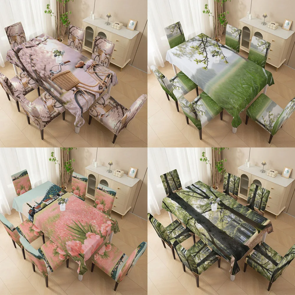 Stretch chair cover High back dining chair cover set,cherry blossom and bicycle, grass pattern,machine all-inclusive chair cover