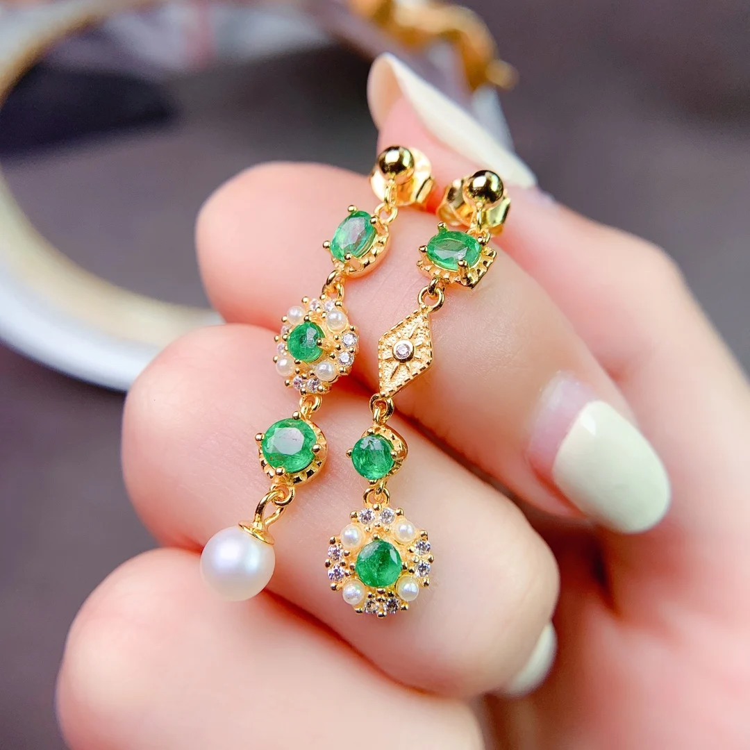 

Long Natural Emerald Hook Earrings Fashion Green Zircon Pearl Pendant Vintage Elegant Lady Earrings Luxury Jewelry