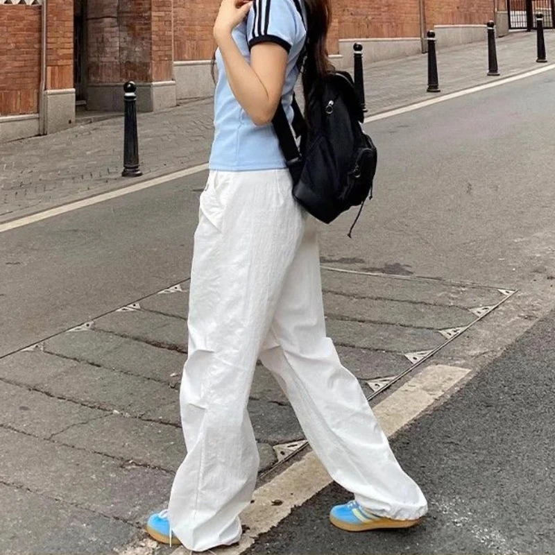 Deeptown Vintage Y2k Oversized Women\'s Cargo Pants Baggy Harajuku Casual Korean Fashion White Trousers America Retro Straight