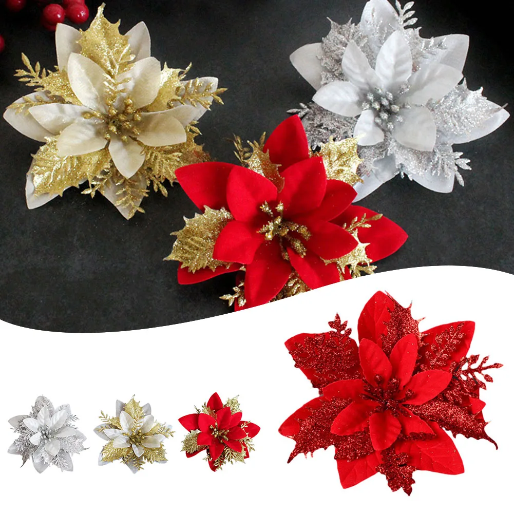 5/10Pcs Glitter Pink Christmas Flowers Xmas Tree 14cm Artifical Flower Ornaments 2024 Christmas Decoration For Home New Year