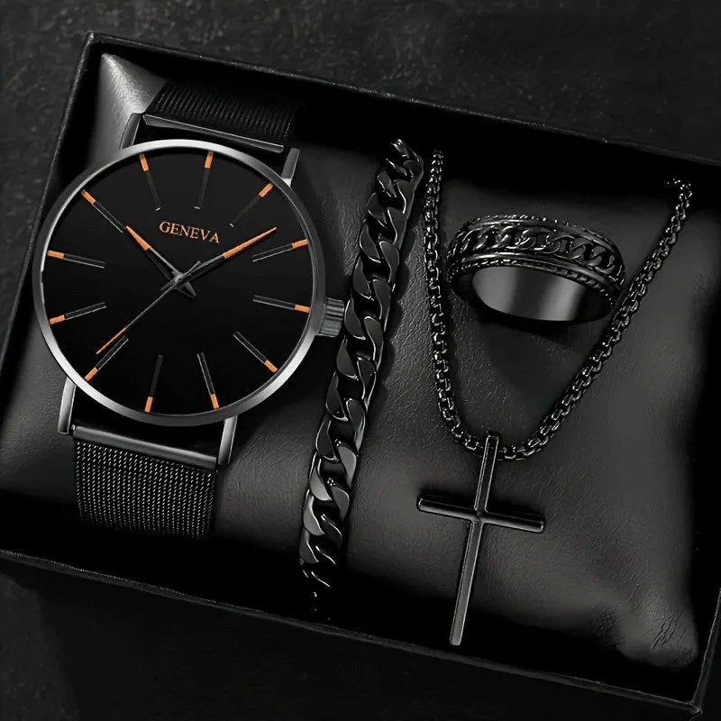 

Набор часов из 4 предметов, высококачественные мужские часы в деловом стиле, стеклянный набор с сетчатым ремнем