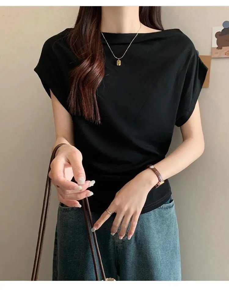 Women Sweetshirts Short Sleeve Womens Clothing Black white T-shirts For Girls Slash Collar Summer Clothes Design Woman clothes