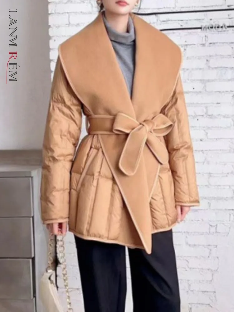 LANMREM High-end Double-sided Cashmere Coat With Spliced White Duck Down Jacket Woolen Belt Coats 2024 Winter New 2DA8200