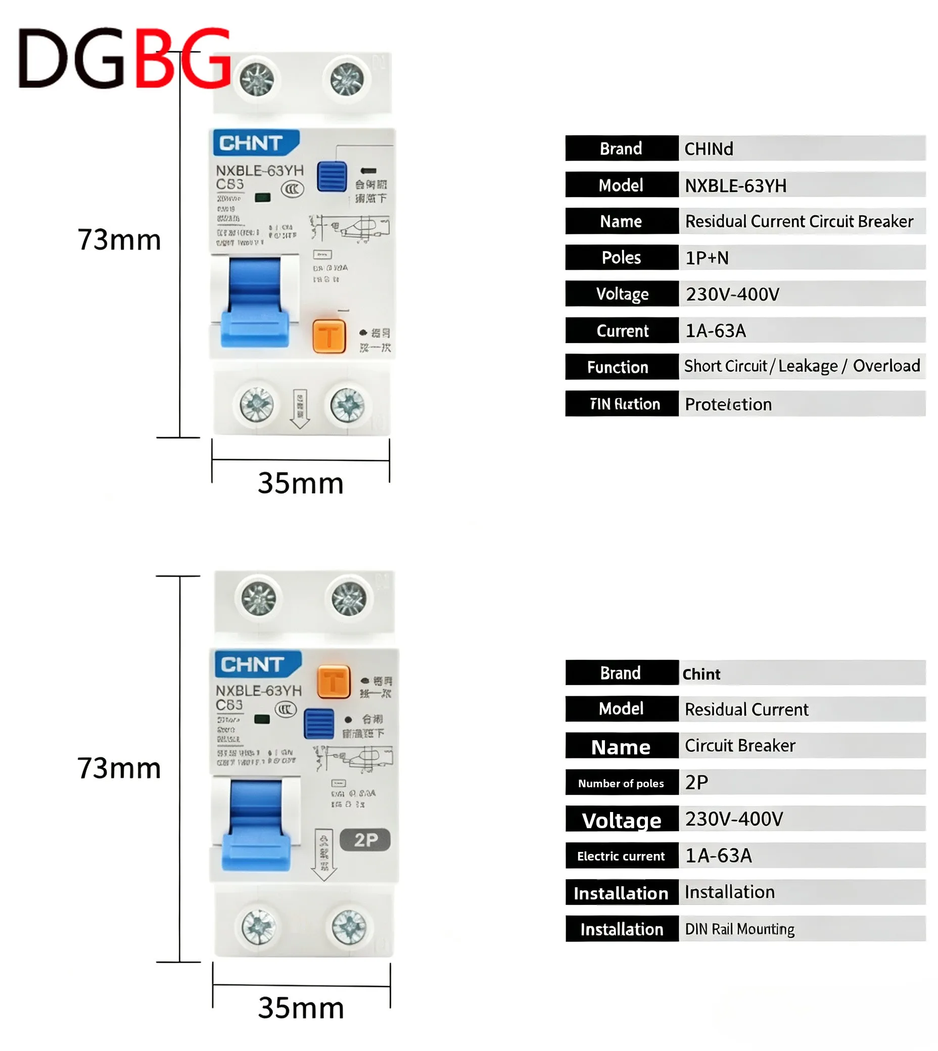 CHINT NXBLE-63YH 1P+N 2P 10MA 30MA Small Size RCBO Residual Current Circuit Breaker With Overload Protection 10A 16A 20A 25A 63A