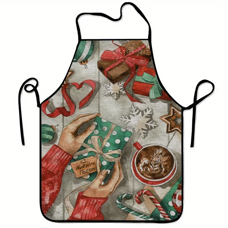 1pc Large 23.62x31.5inch Heavy-Duty Christmas Apron with Festive Holiday Print  Candy Canes, Snowflakes, Gingerbread