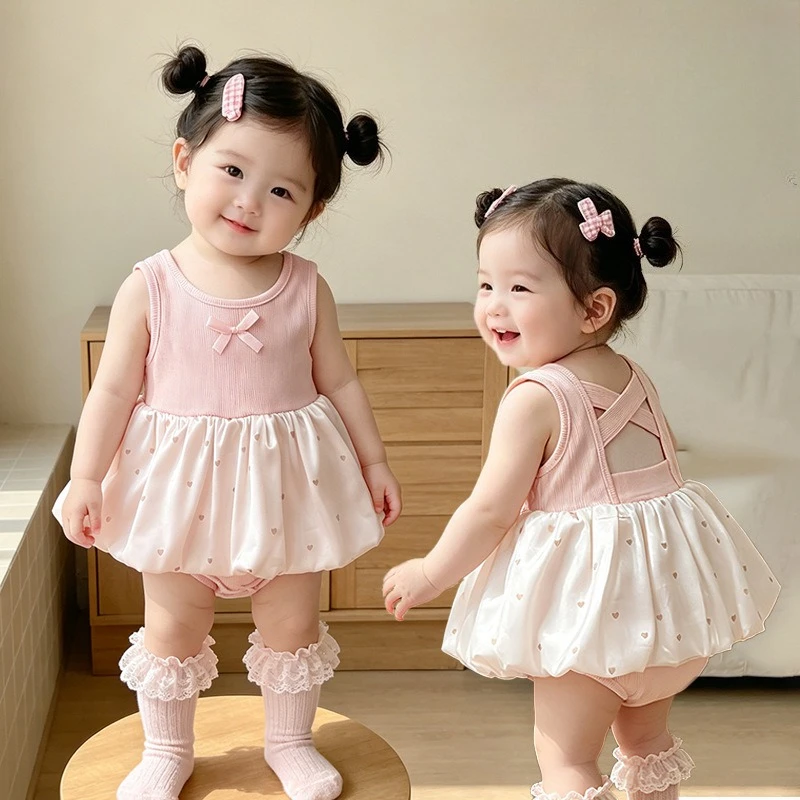 ZOETOPKID Summer Sweet Baby Bodysuit Lace Bow Polka Dot Girls Puffy Skirt Pink Sleeveless Thin Soft Toddler Romper Dress