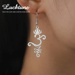 Lucktune Lotus Flower OM Unalome Symbol Drop Earrings Women Stainless Steel Buddhism Yoga Chakra Amulet Earrings Retro Jewelry