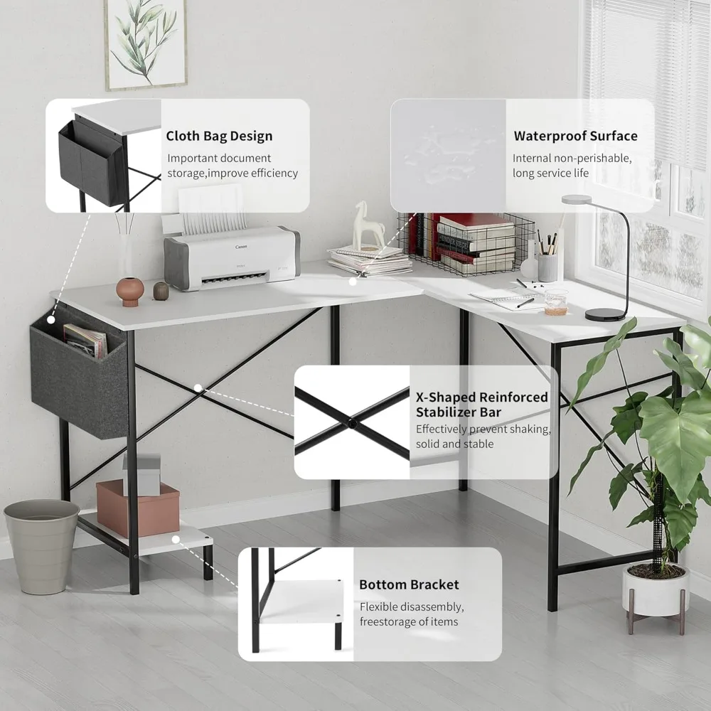 L Shaped Desk Gaming Computer 50 Inch Reversible Corner Table PC Work Table for Writing Study Small Place Office Desks