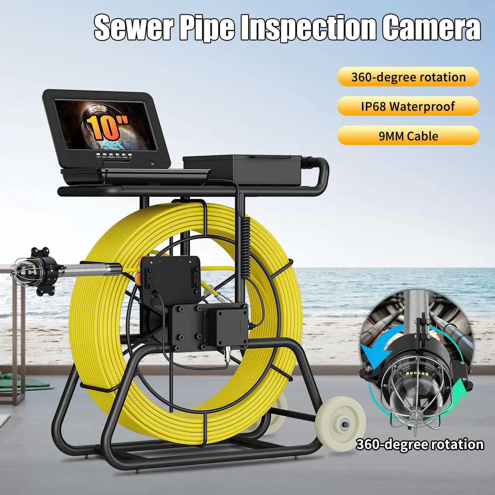 GAMWATER 10 1080P 360 Rotating Sewer Camera with 7mm/9mm Cable& 4500mAH for Sewer Inspection with 512Hz sonde16GB IP68