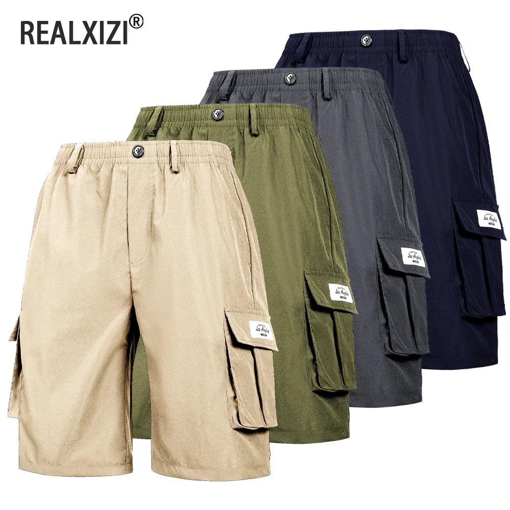 Celana Pendek Kargo Pria Musim Panas Celana Pinggang Elastis Banyak Saku Kasual Kualitas Tinggi Celana Pendek Pantai Sejuk Jogging Atletik Solid