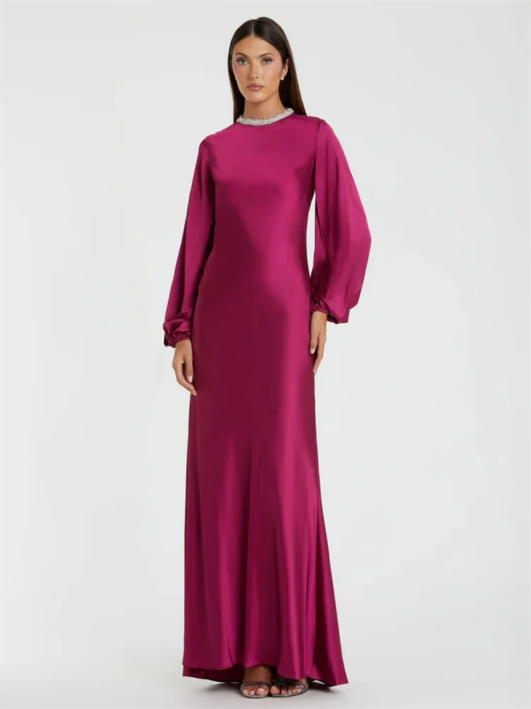 

Customized Purple Beaded Bishop Sleeve Satin Evening Dress Long Lantern Sleeve Rounded Rhinestone Decorative Drop Elegant Dress