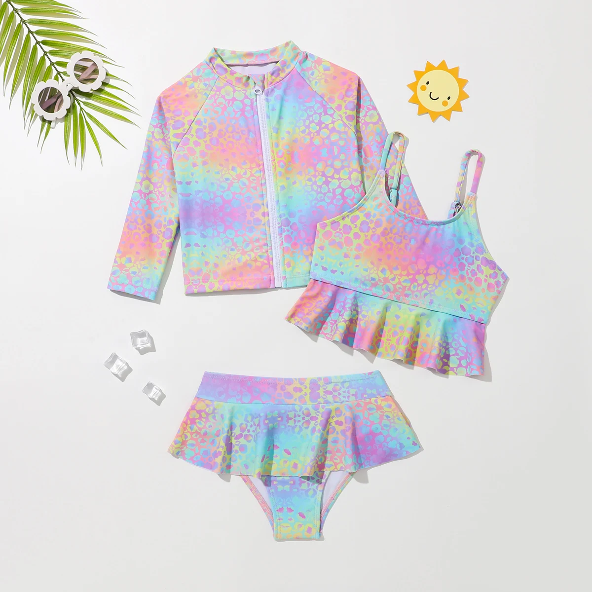 New 3Pcs Girls Bikini Gradient color Sets Surfing Baby Swimwea Toddler Beach Sunscreen Suit 4Y-7Y