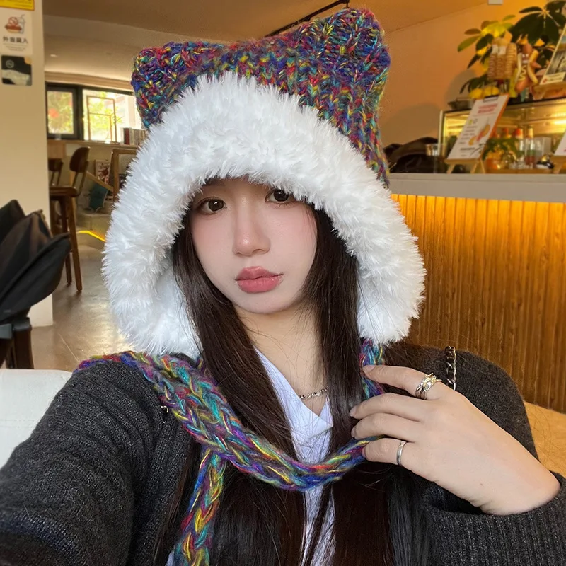 Cute Bear Bomber Hat Outono e Inverno Lã Malha Cat Ear Hat Com Soft Warm Brim Long Braid Strap