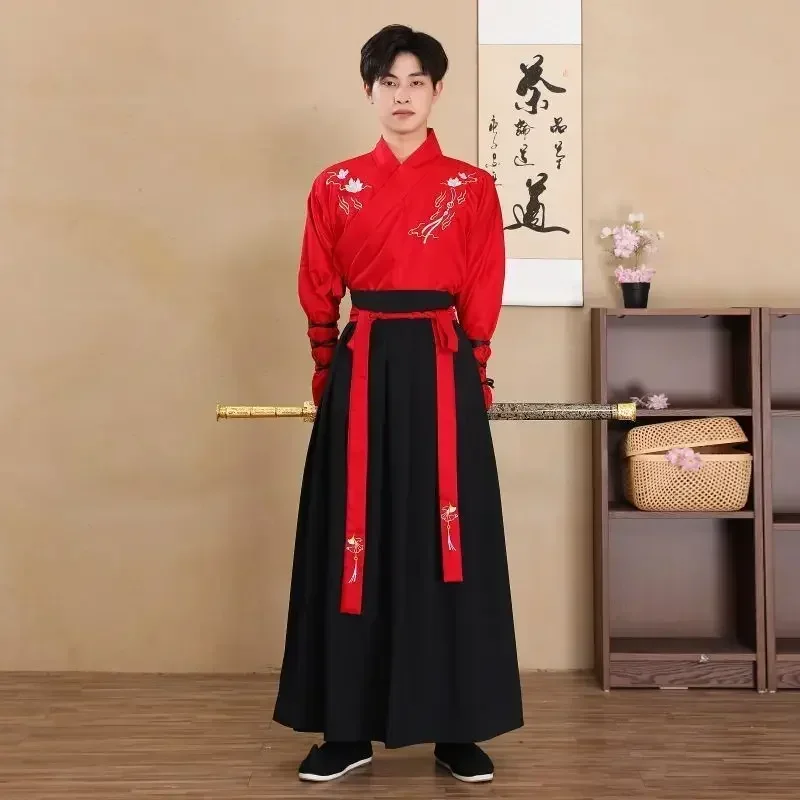 CosplayGrande taille 4XL Hanfu hommes disfraz de Halloween Cosplay chino tradicional ancien Hanfu noir et rouge chemise + jupe +