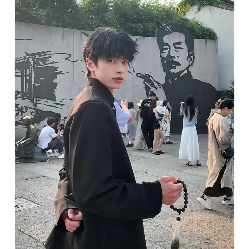 

New Chinese Sle Men's Jaet Summer Thin oulder Pad Embroidered Improved Hanfu Zhongan Tang Suit Outerwear for Teens
