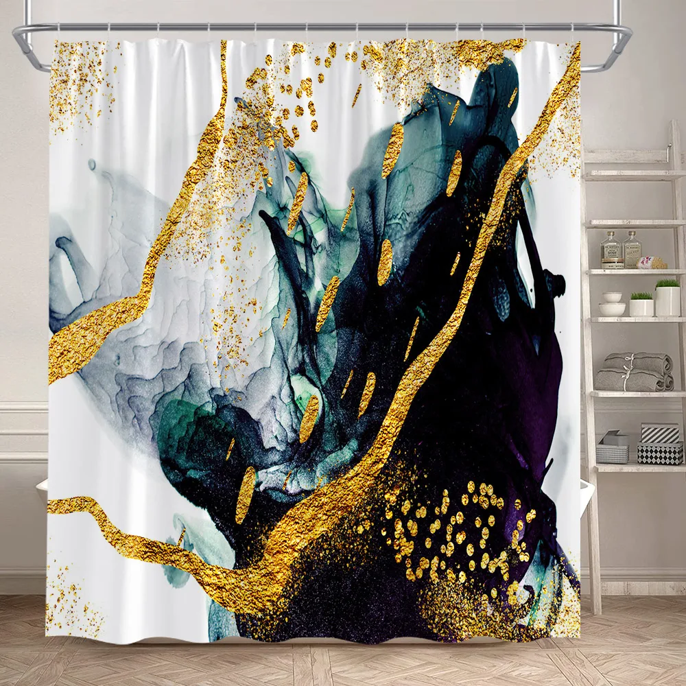 Abstract Marble Shower Curtains Black Green Textured Gold Crackle Modern Geometric Pattern Bathroom Curtain Decor Set with Hooks