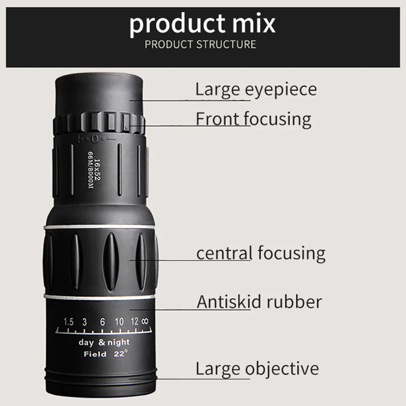 16X52 Monocular Telescope Dual Focus Zoom Binoculars 66M/8000M HD Scope Night Vision With Strap Optical Lens/Rubber Outdoor