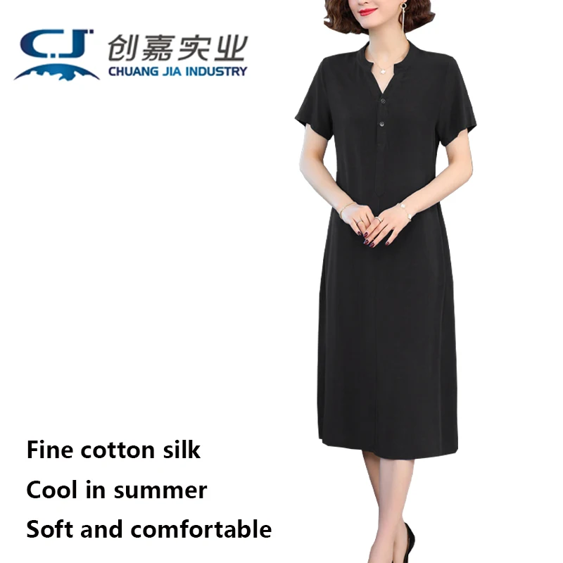 

Cotton Silk Summer Women's Short-sleeved Dress Temperament Elegant Half-neck Dress Comfortable Casual Home Wear Good quality