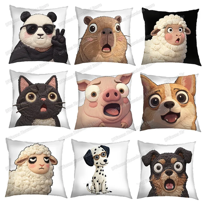 Cute 3D Felt Embroidery Animal Throw Pillow Cover Funny Panda Capybara Sheep Pig Dog Cushion Case Home Sofa Decor Pillowcase