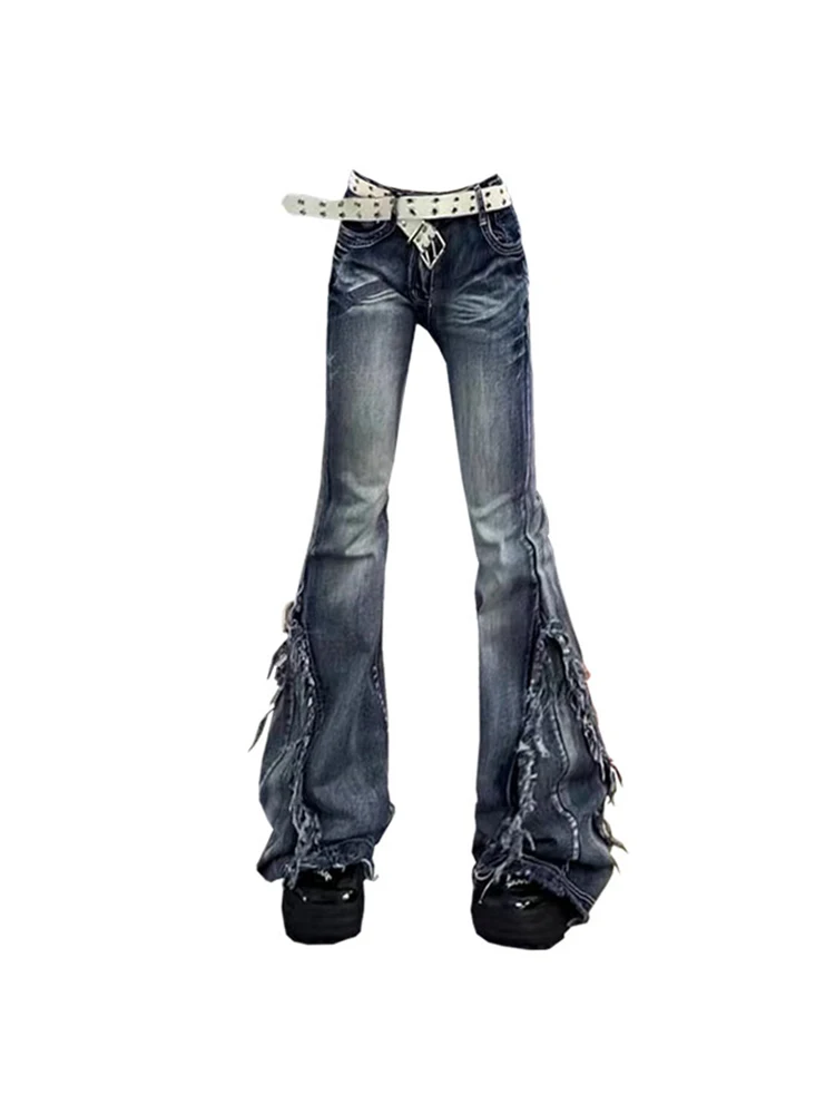 American Retro Y2K Flare Jeans Scratched Slim Bell Bottoms Women Fashion Gyaru Denim Pant  Raw Edge Trousers Hip Hop High Street