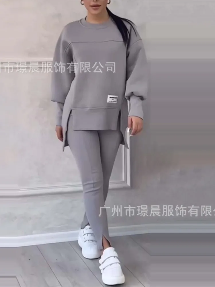 Casual Solid Color Sporty Style Pants Sets Women Irregular Slit Pullover Sweatshirt Slim Trousers Two Piece Set Commuting Suit