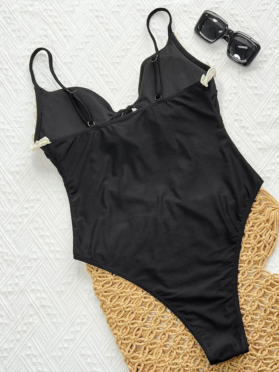 Hollow Out Lace Trim Ruffled Female Swimwear One Piece Swimsuit Women High Cut Leg Monokini Leopard Bather Bathing Suit Swim