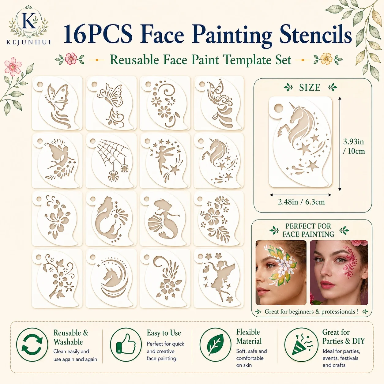 16 Reusable Facial Painting Templates for Stage Makeup,Ideal Costume Events,Role-Playing,Celebrations Like Halloween,Christmas