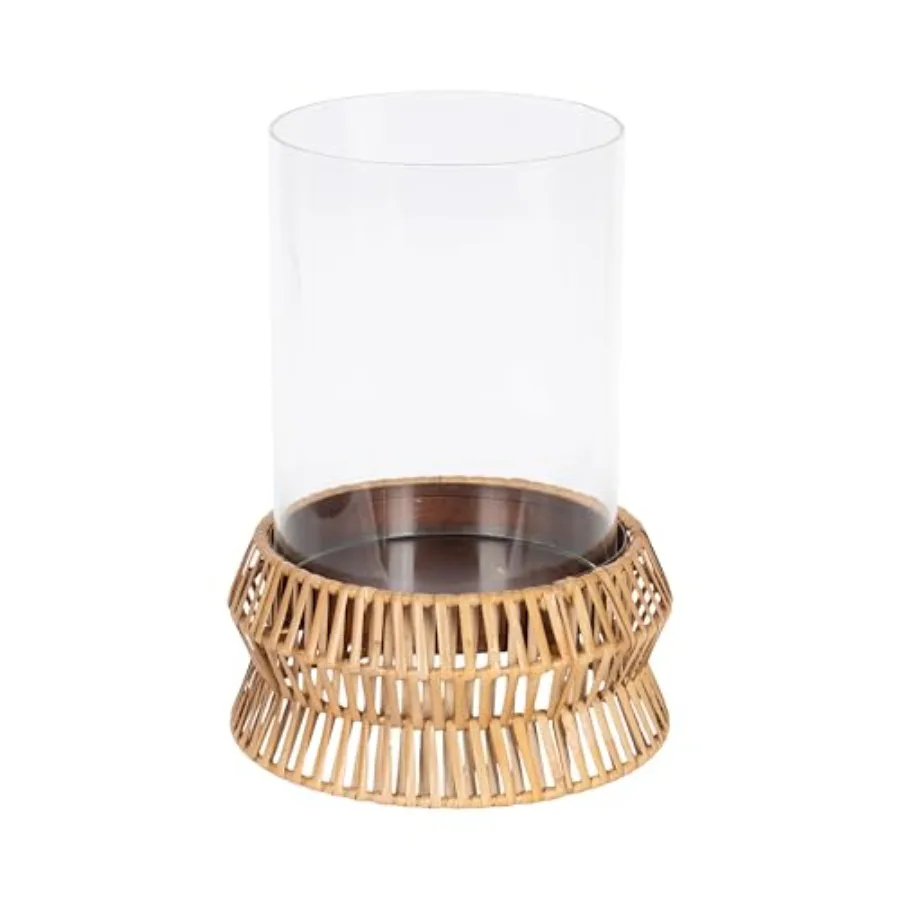 

Rashana Modern Boho Rattan Pillar Candle Holder 8 x 8 x 11 Natural Coastal Hurricane Candle Holder with Glass Cylinder for Livi