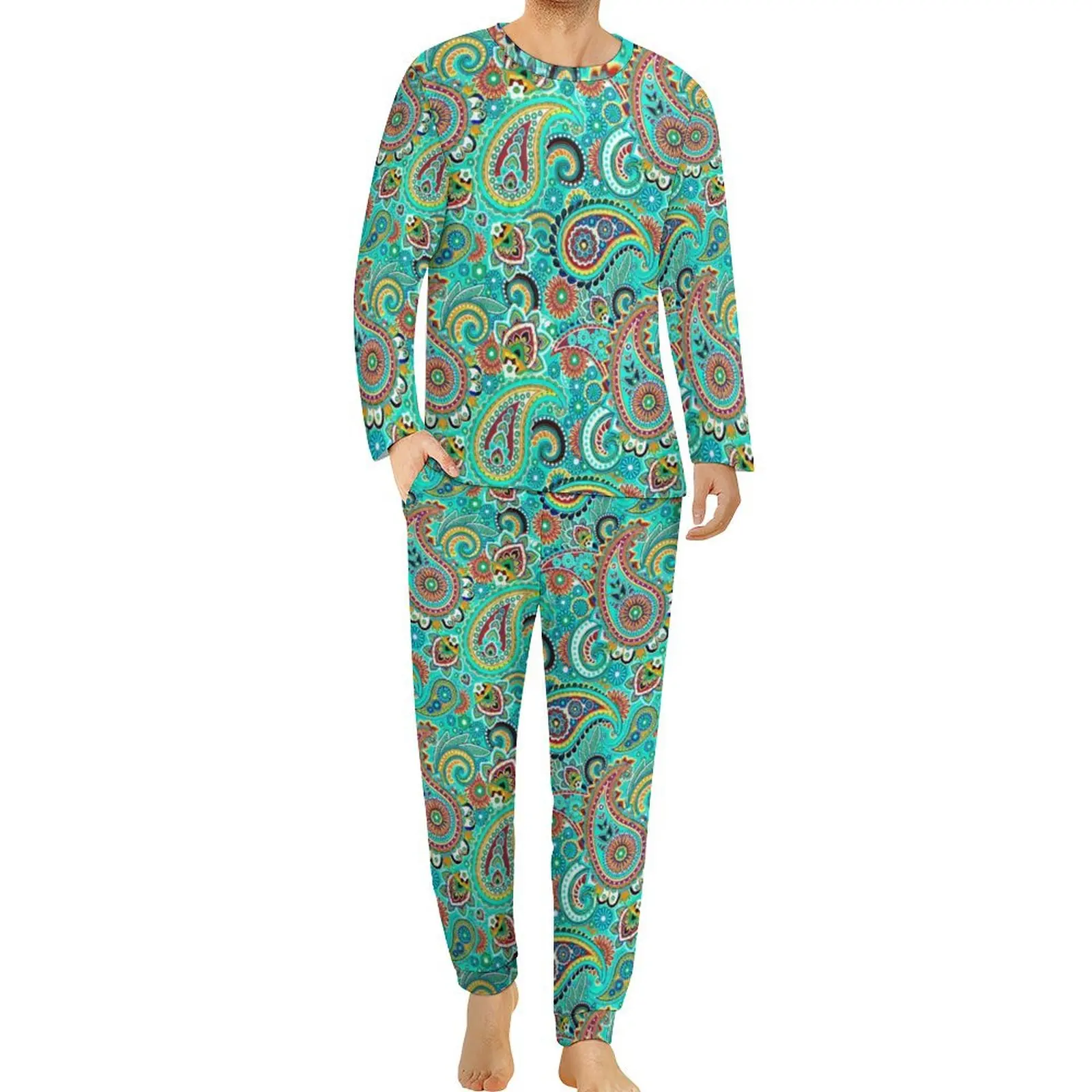 Pyjama Paisley coloré pour hommes, imprimé d'art moderne, chaud, trempé à la maison, manches longues, 2 pièces, design décontracté, ensembles de pyjama, grande taille, automne