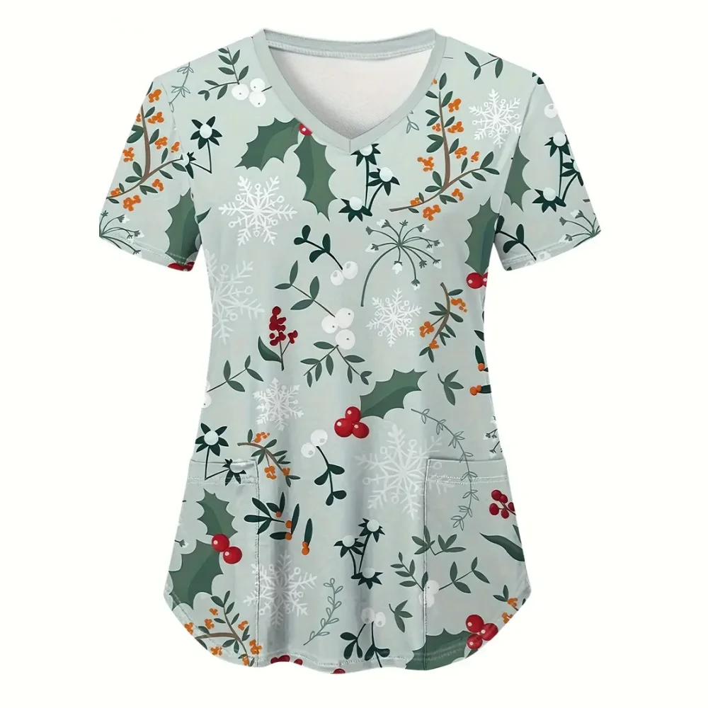 Kerst Scrub Tops Vrouwen Zakken Verpleging Korte Mouw V-hals Print Kerst Scrubs Tops voor Vrouwen Plus Size S-5XL Zomer