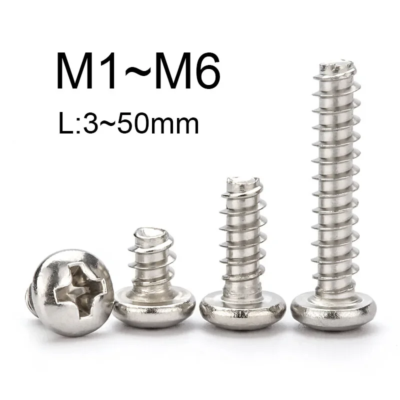 5~120PCS 304 Stainless Steel Phillips Round Head Flat Tail Self Tapping Screws M1.0 M1.2 M1.4 M1.7 M2 M2.2 M2.6 M3 M3.5 M4 M5 M6