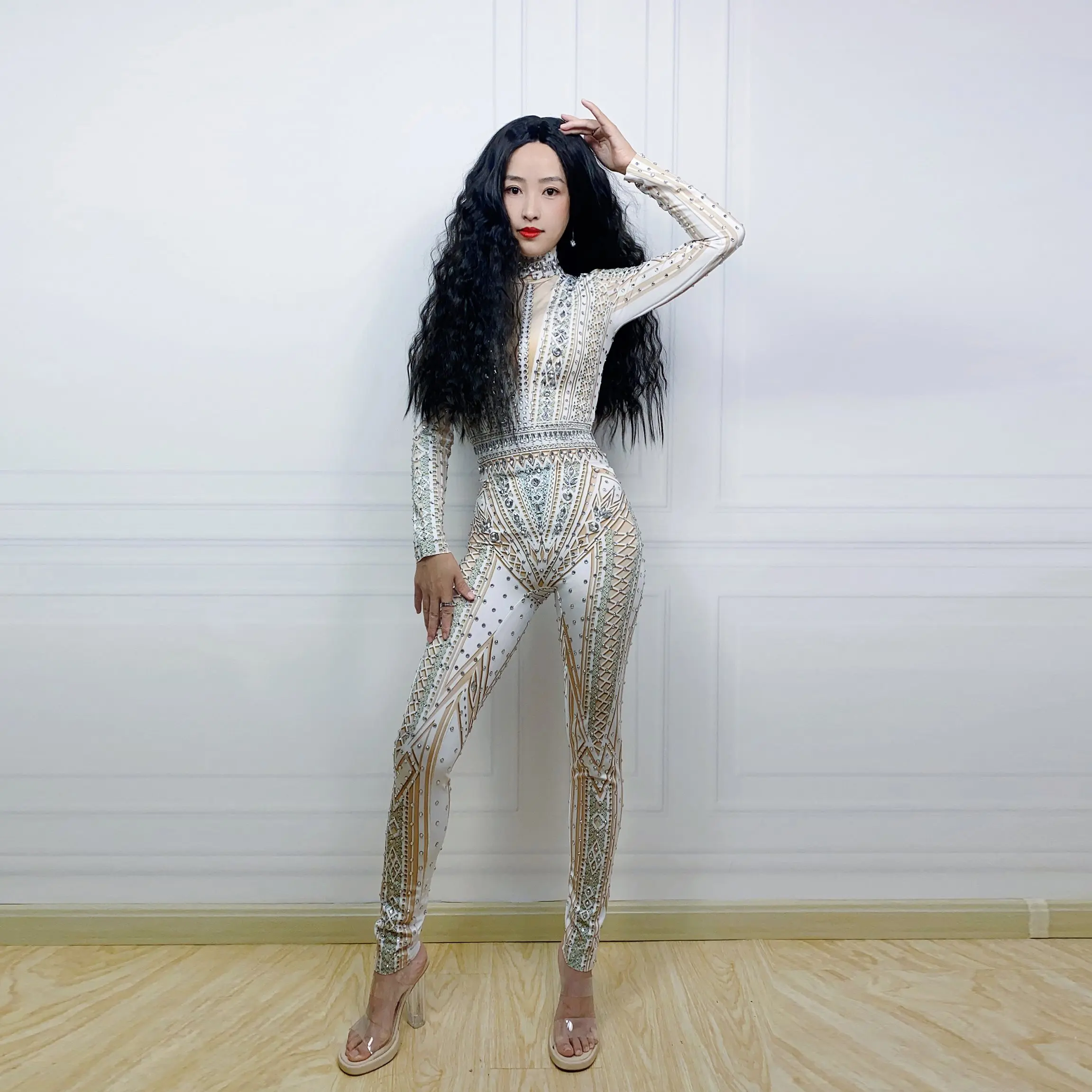 

New Nightclub Bar Women'S Full Diamond Elastic Jumpsuit Dance Team Gogo Female Singer Dj Stage Costumes Cosplay Dress DN19658