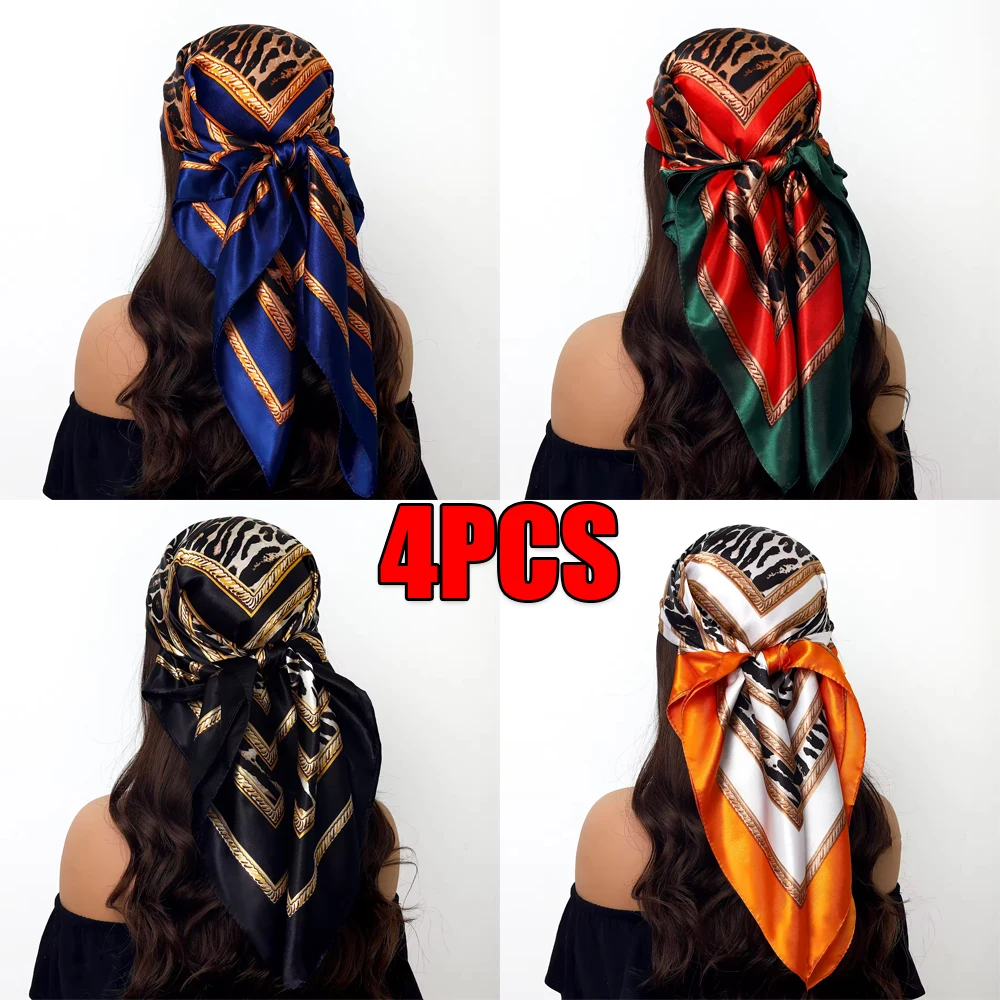 4PCS Leopard Print Polyester Headband Scarf 35x35 Inches Sun Protection Hand Wash Casual Weekend Wear Warm Decorative Wrap