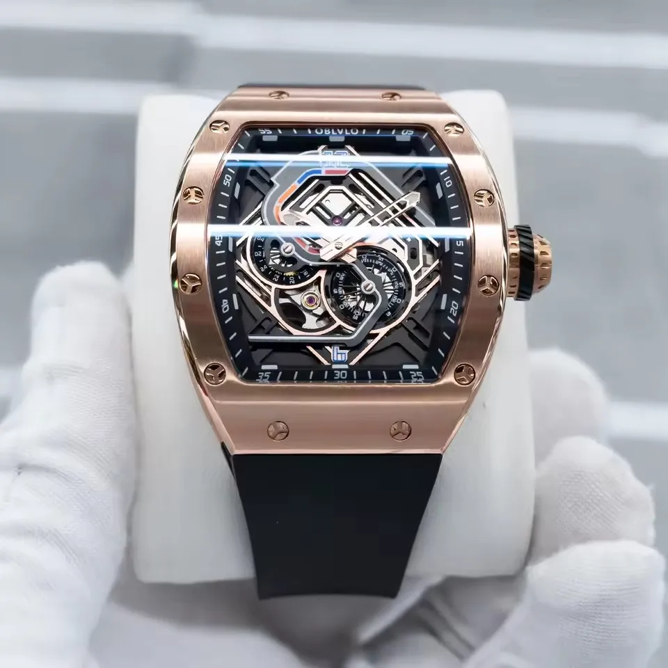 OBLVLO Men's Automatic Racing Watch XM Series Luxury Mechanical Wristwatch Tonneau Case Bronze Finish Rubber Strap Sport Design