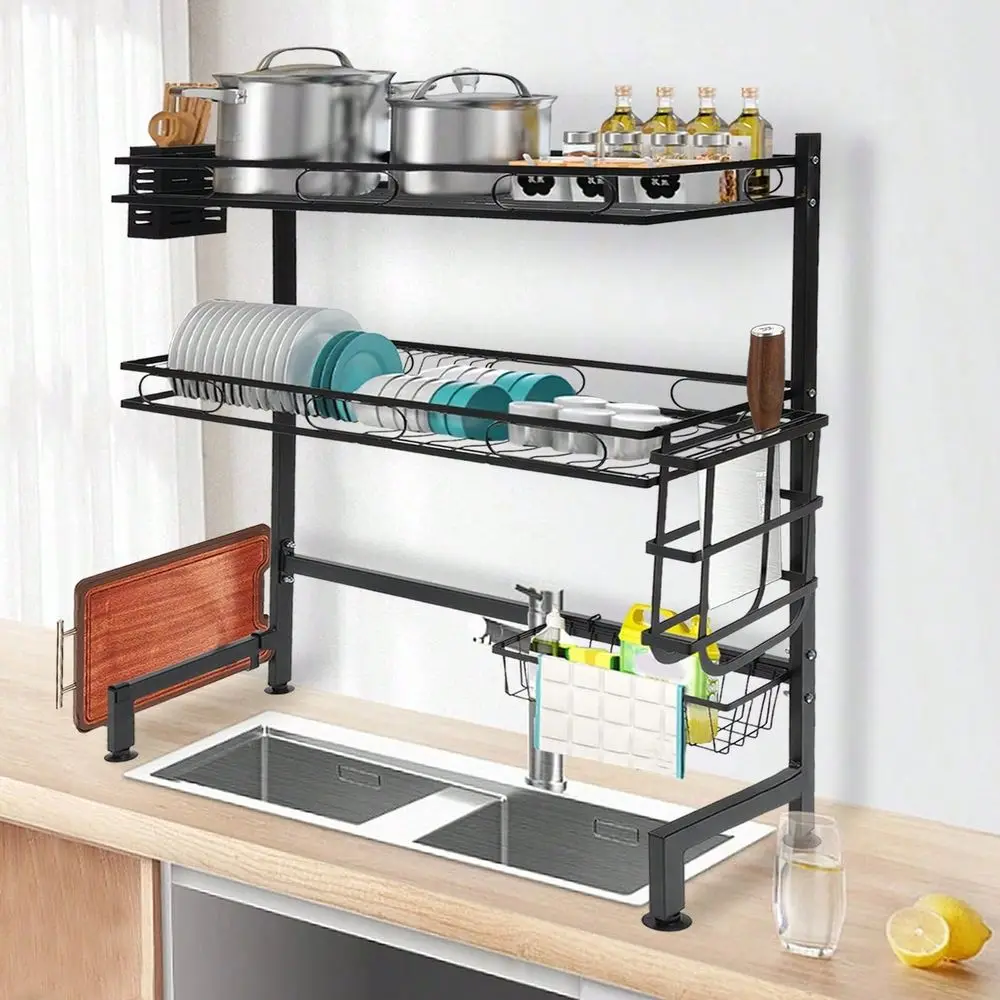 

Multifunction Dish Drying Rack Modern 2 Layer Sink Storage Rack Full Set WearResistant Black