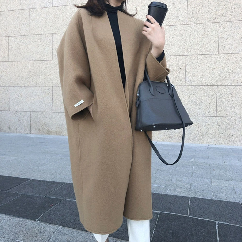 Fall Winter Women's Loose Straight Korean Style Pure Color Coat Commute Sweet Style Long Sleeve Mid-Length Coat