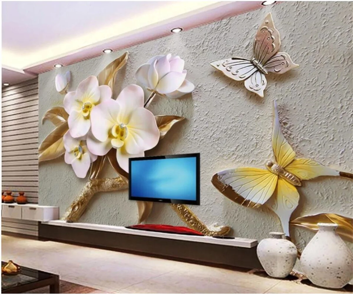 Custom wallpaper papel de parede 3D three-dimensional Phalaenopsis relief TV background wall Nordic decorative painting