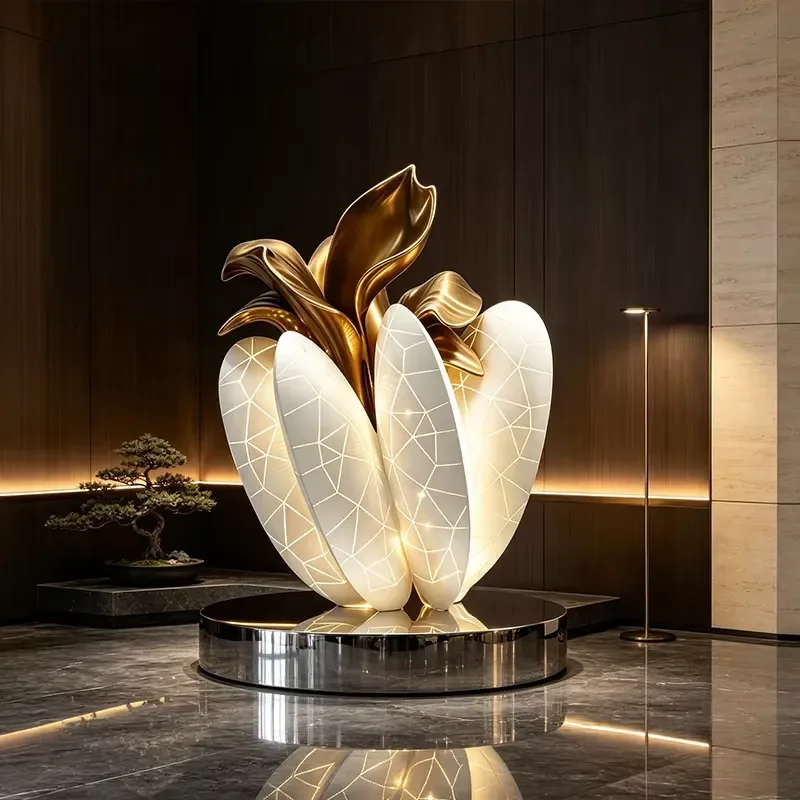 Golden Lotus Stainless Steel Sculpture Modern Metal Flower Statue for Hotel Lobby Villa Home Decor Engineering Art