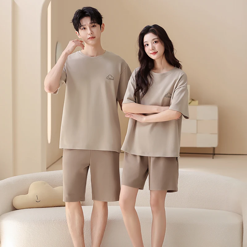 

High Quality Summer Couple Pajama Set Men and Women 100% Cotton Casual Short Sleeve Pyjamas