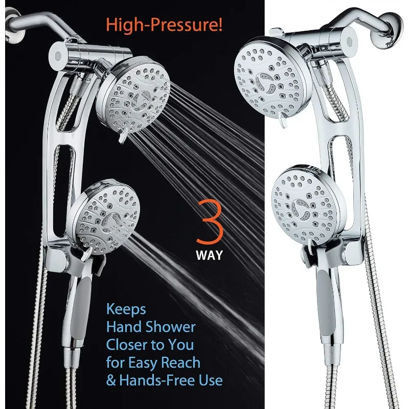 High Pressure 48-mode Luxury 3-way Combo with Adjustable Extension Arm – Dual Rain & Handheld Shower Head – Extra Long 6 Foot