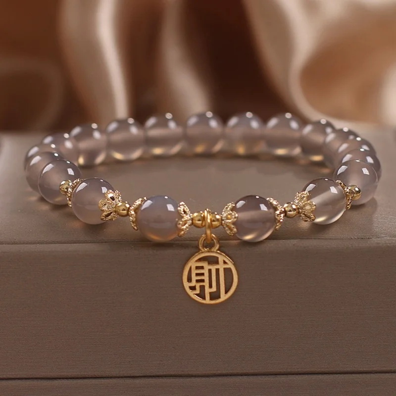 

UMQ Ethnic Style Natural Gray Agate Female National Fashion With Chinese Character Cai Pendant Bracelet Gift For Bestie