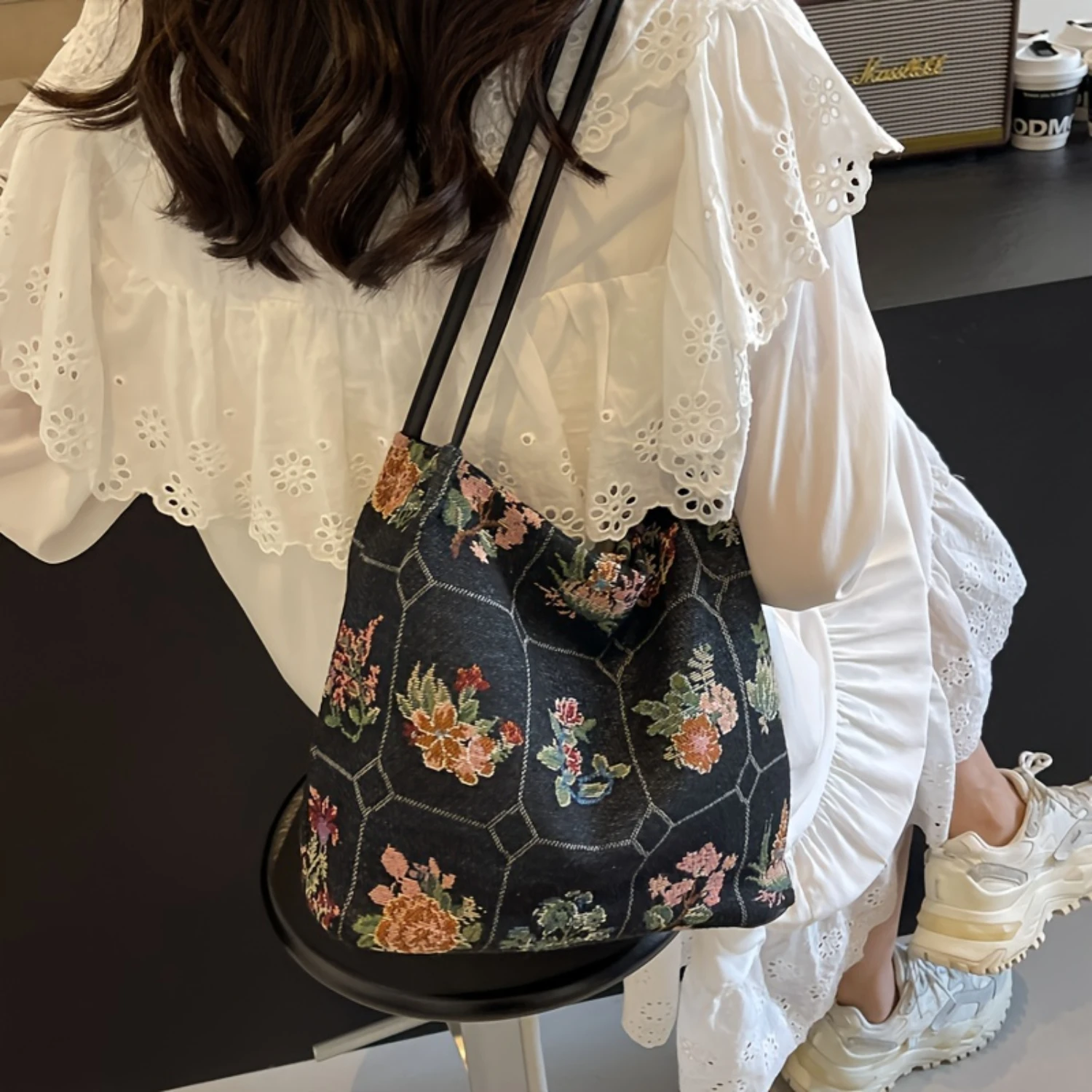 Aesthetic Vintage Flower Pattern Shoulder Bucket Bag, Classic All-Match Elegant Handbag For Daily Use