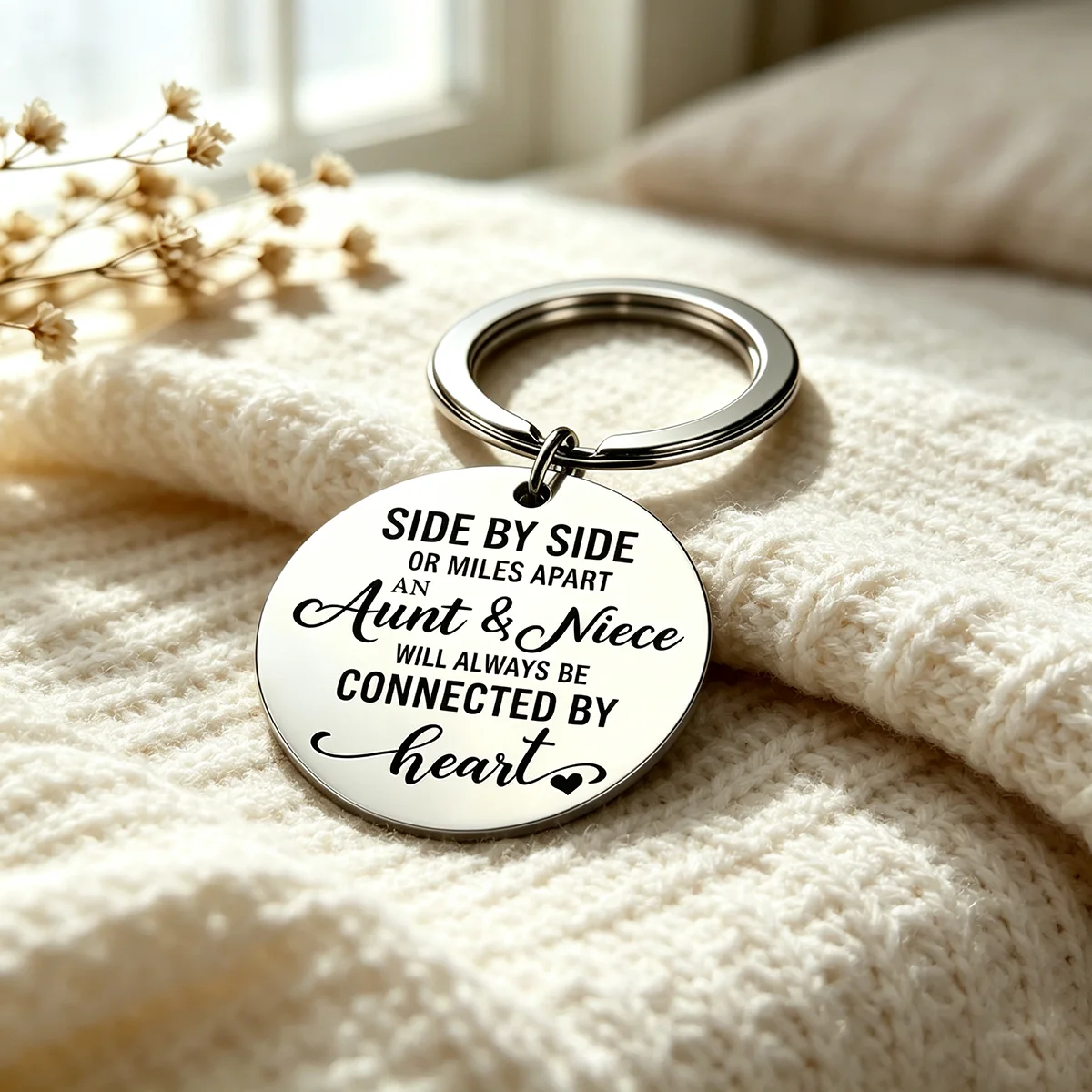 1Pc Aunt Niece Keychain Engraved Stainless Steel Round Key Ring Family Friendship Keepsake Gift for Birthday Anniversary Holiday