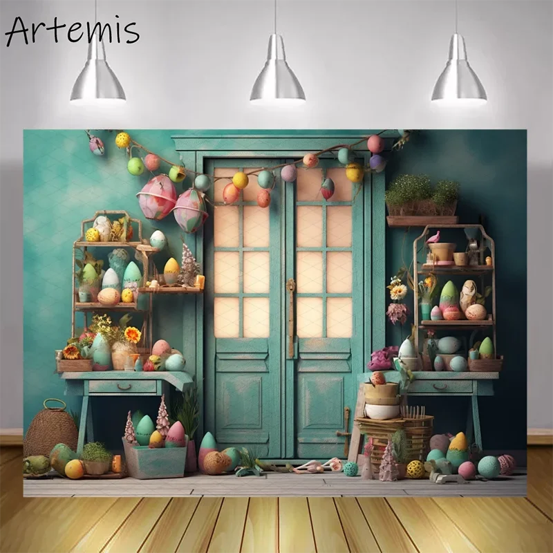 

Easter Photography Backdrop Wooden Shelves Easter Decorations Light Green Yellow Children's Birthday Portrait Photo Background